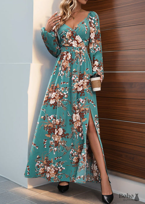 Boho Long Sleeve V-neck Printed Dress